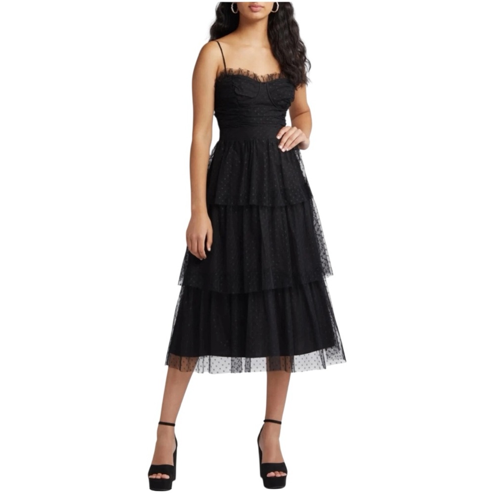 Lulus “Estelle” Swiss-Dot Tulle Tiered Midi Dress NWT Size M
